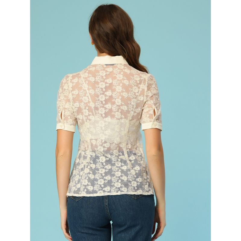 Allegra K Women's Floral Lace Shirt Short Sleeve Semi Sheer Button Down Blouse, 3 of 7