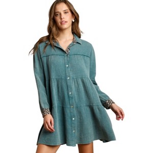 Slickblue Women's Tiered Gauze Dress, Cotton Fabric, Animal Print Contrast, Pockets, Relaxed Fit, Lagoon/Ash, Size S-L - 1 of 4