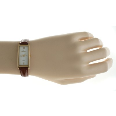 Peugeot Women's Rectangular Gold-Tone Case Watch Glossy Brown Leather Strap - image 5