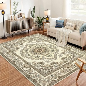 Washable Non-Slip Boho Floral Medallion Rug 4x6 - Soft Low-Pile Yellow Printed Carpet for Indoor Home Decor - 1 of 4