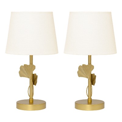 Set of 2 Gold Metal Table Lamps with White Fabric Drum Shades