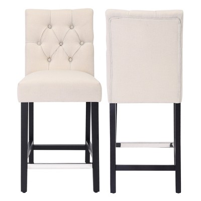 Beige Linen Upholstered Counter Stools with Black Wood Legs, Set of 2