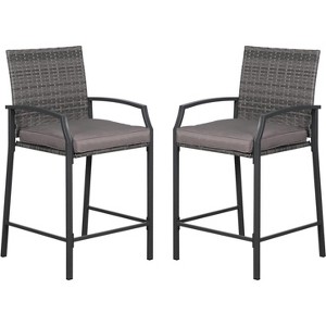 SUGOLD Outdoor Wicker Bar Stools Set of 2, Patio Rattan Counter Height Chairs with Cushions, Armrest and Footrest - 1 of 1
