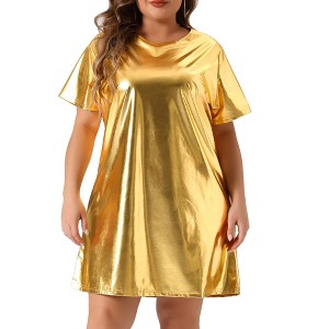 Agnes Orinda Women's Plus Size Metallic Round Neck Short Sleeve Party Loose Mini T-Shirt Dress - 1 of 4