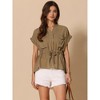 INSPIRE CHIC Women's V Neck Short Peplum Sleeve Henley Button Down Drawstring Waist Dressy Blouses - 3 of 4