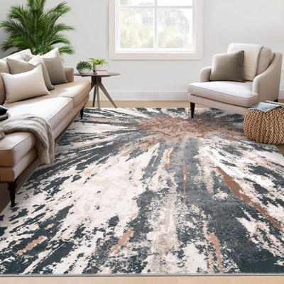 Image of Washable Abstract Rug, Modern Low Pile Area Rug for Living Room, Bedroom, Nursery, Office, Non-Slip Neutral Farmhouse Distressed Floor Cover.