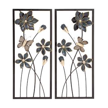 Traditional Metal Floral Wall Decor with Black Frame Set of 2 Black - Olivia & May