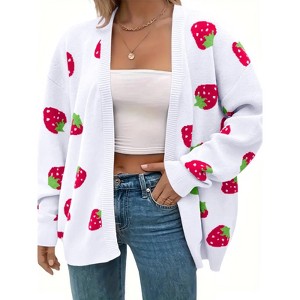 Women's Plus Size Strawberry Floral Print Long Sleeve Open Front Knit Cardigan Sweater - 1 of 2