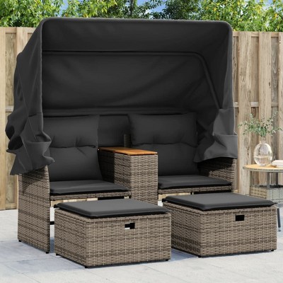 VidaXL Patio Sofa 2-Seater with Canopy and Stools Gray Poly Rattan