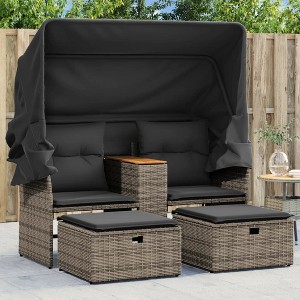 VidaXL Patio Sofa 2-Seater with Canopy and Stools Gray Poly Rattan - 1 of 4