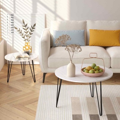 Racxily 27.56'' Round Nesting Coffee Table Set of 2 - Circular End Tables with Marble Tabletop, Sturdy Metal Base for Living Room/Bedroom