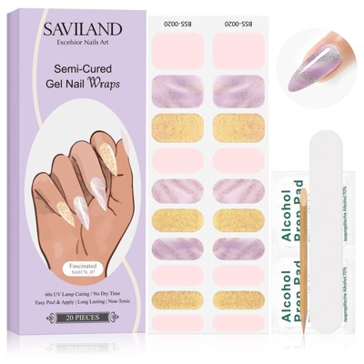Saviland Women's 20PCS 10 Sizes Semi-Cured Gel Nail Strips Kit - Mint Frost Glitter Design with Tools.