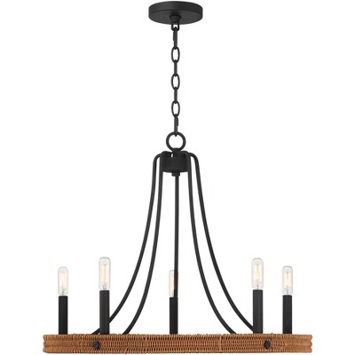 Black Metal and Woven Wood 6-Light Chandelier