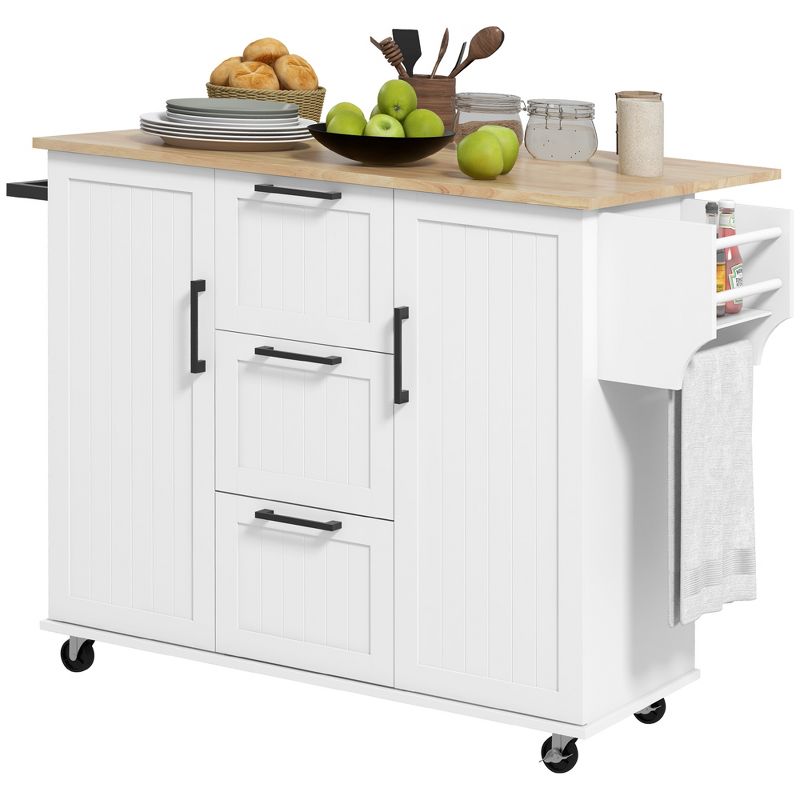 HOMCOM Kitchen Island on Wheels, Rolling Kitchen Cart with Rubber Wood Drop Leaf, 3 Drawers, Storage Cabinets, Spice Rack and Towel Rack, White, 4 of 7