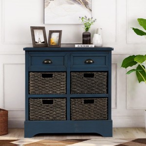 Modern Farmhouse Solid Wood Accent Cabinet, With Drawers And Rattan Baskets, Storage Organizer, For Entryway Or Living Room-The Pop Home - 1 of 4