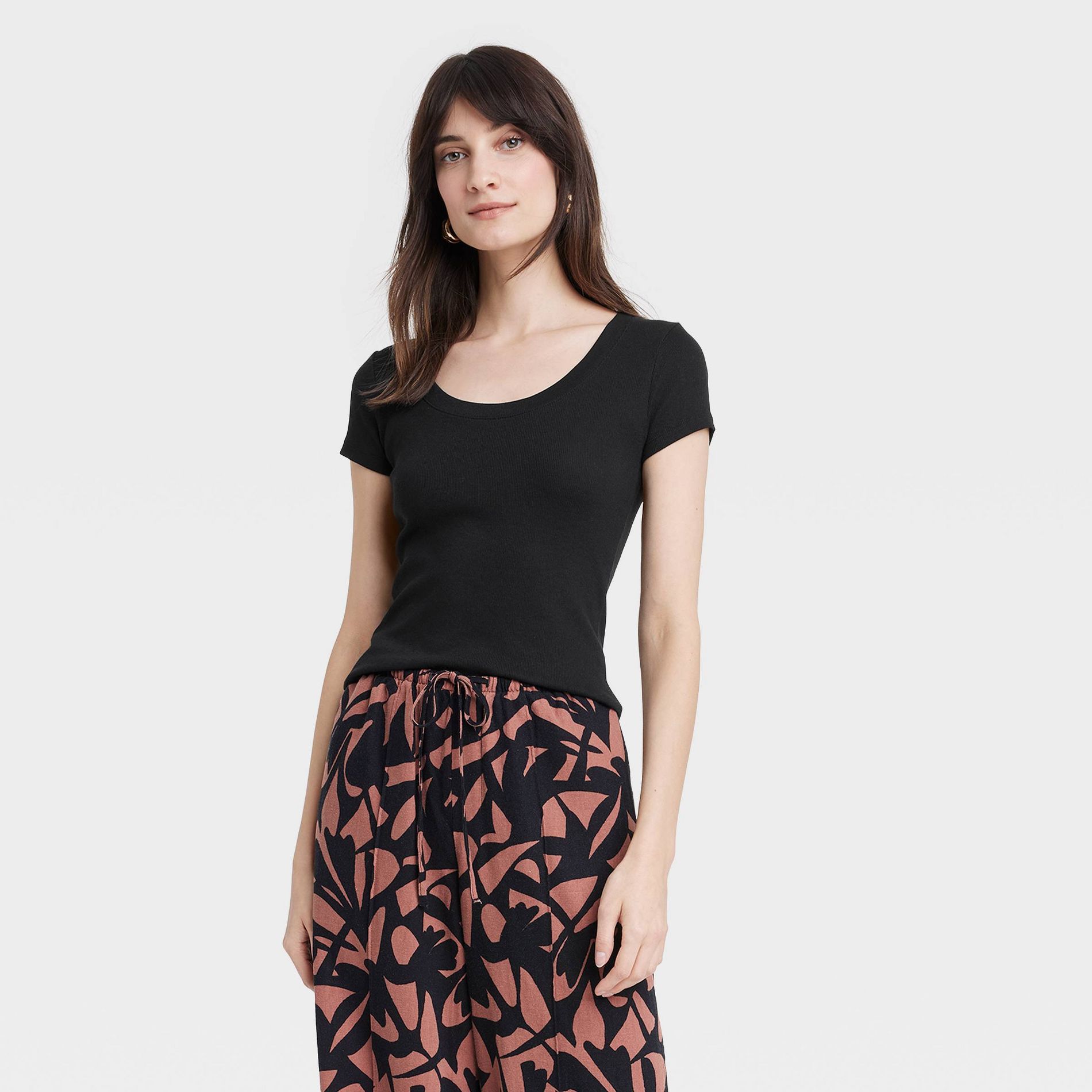 Women's Slim Fit Short Sleeve Ribbed Scoopneck T-Shirt - A New Day™ Black L: Pullover, Knit, Midweight