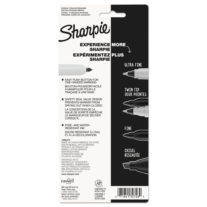 Sharpie Retractable Permanent Markers Fine Point Assorted 3/Set 32726PP, 5 of 8