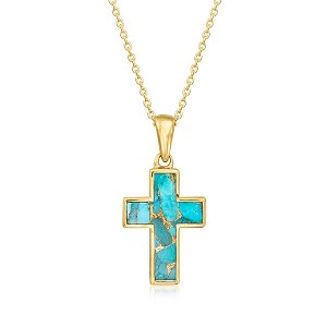 Ross-Simons Turquoise Cross Pendant Necklace in 18kt Gold Over Sterling Size 18 - 1 of 3