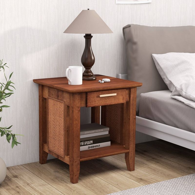 Tangkula Boho Style Nightstand 3-Tier Sofa Side End Table w/ Drawer & Shelf Walnut, 3 of 9