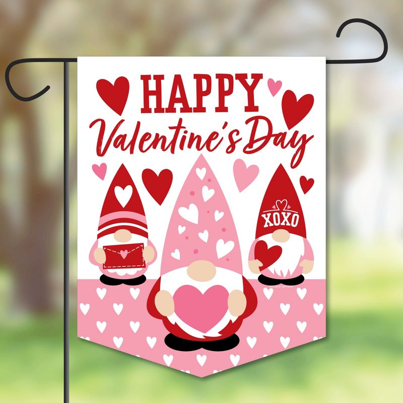 Big Dot of Happiness Valentine Gnomes - Outdoor Home Decorations - Double-Sided Valentine's Day Party Garden Flag - 12 x 15.25 Inches, 1 of 9