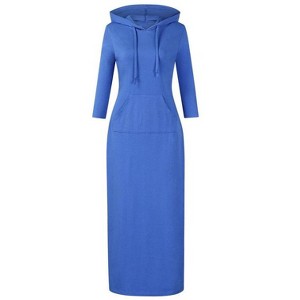 Coolmee Women Hoodies Maxi Dress Casual 3/4 Sleeve Tunic Dress Slim Hooded Sweatshirts Dress with Pocket - 1 of 4