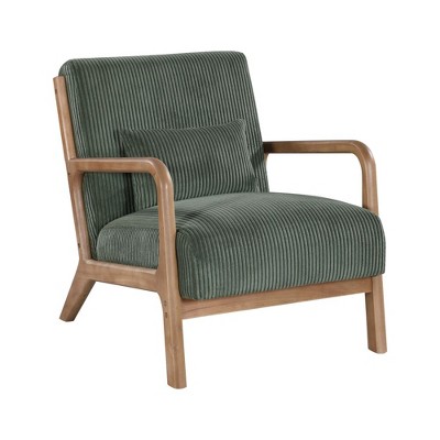 JUJABU Modern Accent Chair with Ribbed Corduroy Upholstery & Lumbar Pillow – Natural Wood Frame
