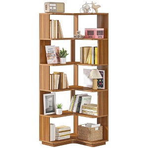Resenkos Bookshelf, Bookcase Standing Shelf Unts,6-Tier Corner Bookshelf, 64.96" Corner Bookcase with Anti-Drop Panel,Wood Grain Brown - 1 of 4