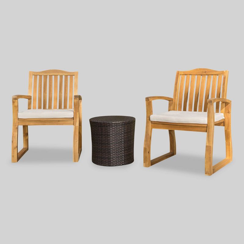 Tampa 3pc Acacia Wood & Wicker Patio Chat Set - Brown - Christopher Knight Home, 3 of 8