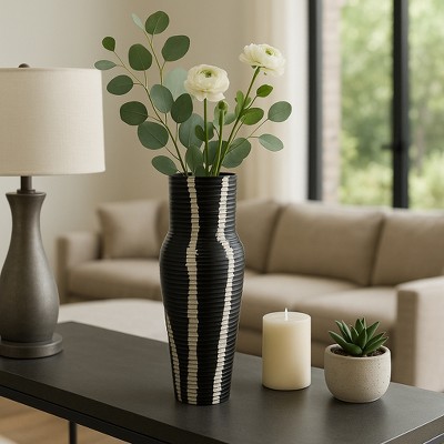 Contemporary Ribbed Metal Vase for Living Room Decor - Decorative Flower Vase Perfect for Bedroom, Home Accent, and Console Table Decor -12", Gray