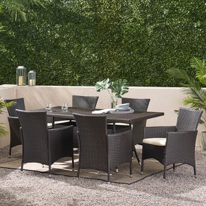 GDFStudio Akira Outdoor Wicker and Iron 7 Piece Dining Set with Cushions - 1 of 4