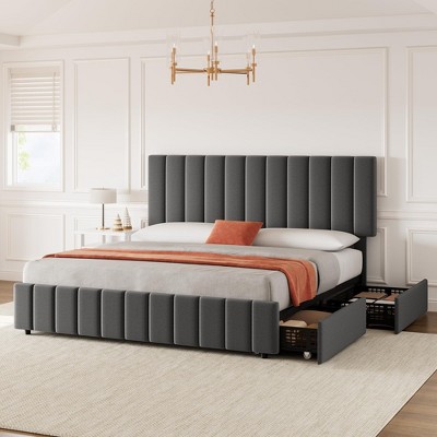 Queen Linen Upholstered Platform Bed Frame with 4 Storage Drawers, Adjustable Headboard