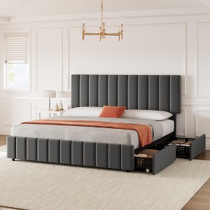Queen Linen Upholstered Platform Bed Frame with 4 Storage Drawers, Adjustable Headboard - 1 of 4
