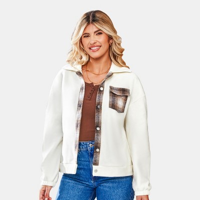 Women's White Fleece Button-Up Plaid Accents Jacket - Cupshe