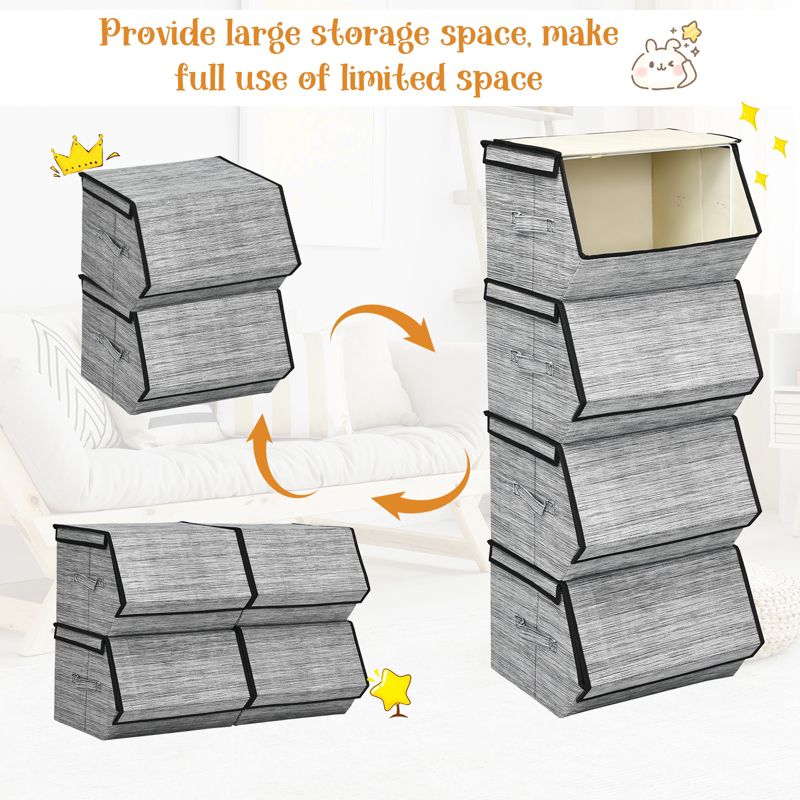 Tangkula Stackable Bins Set of 4 Storage Cubes Fabric Baskets with Lid Storage Organizers with Handles Black/Brown/Grey, 5 of 9