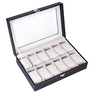 Slickblue Black Faux Leather Watch Box with 12/24 Compartments, Top-Opening Organizer for Watch Collection - 1 of 4