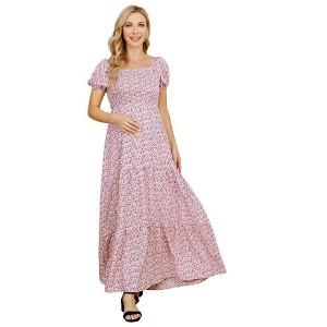 lxt-Women's Puff Sleeve Ruffle Layered Smocked Maternity Dress - 1 of 4