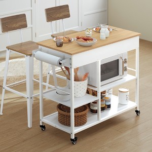 Mobile Kitchen Island Cart with 2 Drawers and Towel Rack, 38.8 Inch Rolling Storage Cart with Locking Wheels, Oak Beige and White - 1 of 4