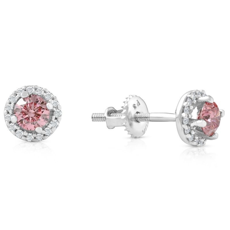 Pompeii3 1/2 Ct Halo Pink Diamond Lab Created Diamond Studs White Gold Screw Back Earrings, 2 of 4