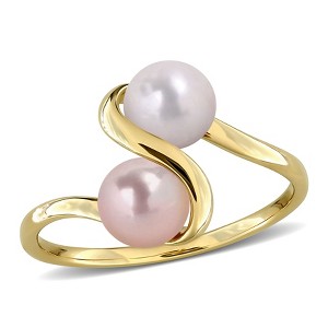 EVERLY JEWELRY |10k Yellow Gold 5.5 - 6 MM White Pink Freshwater Cultured Pearl Bypass Ring - 1 of 4