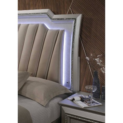 Queen Champagne Faux Leather Upholstered Storage Bed with LED Headboard