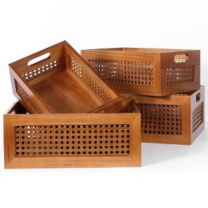 Aoibox Handmade Rattan Wooden Storage Basket Set of 4 with Handles Natural Bamboo Woven Bins Rustic Farmhouse Organizer - 1 of 4