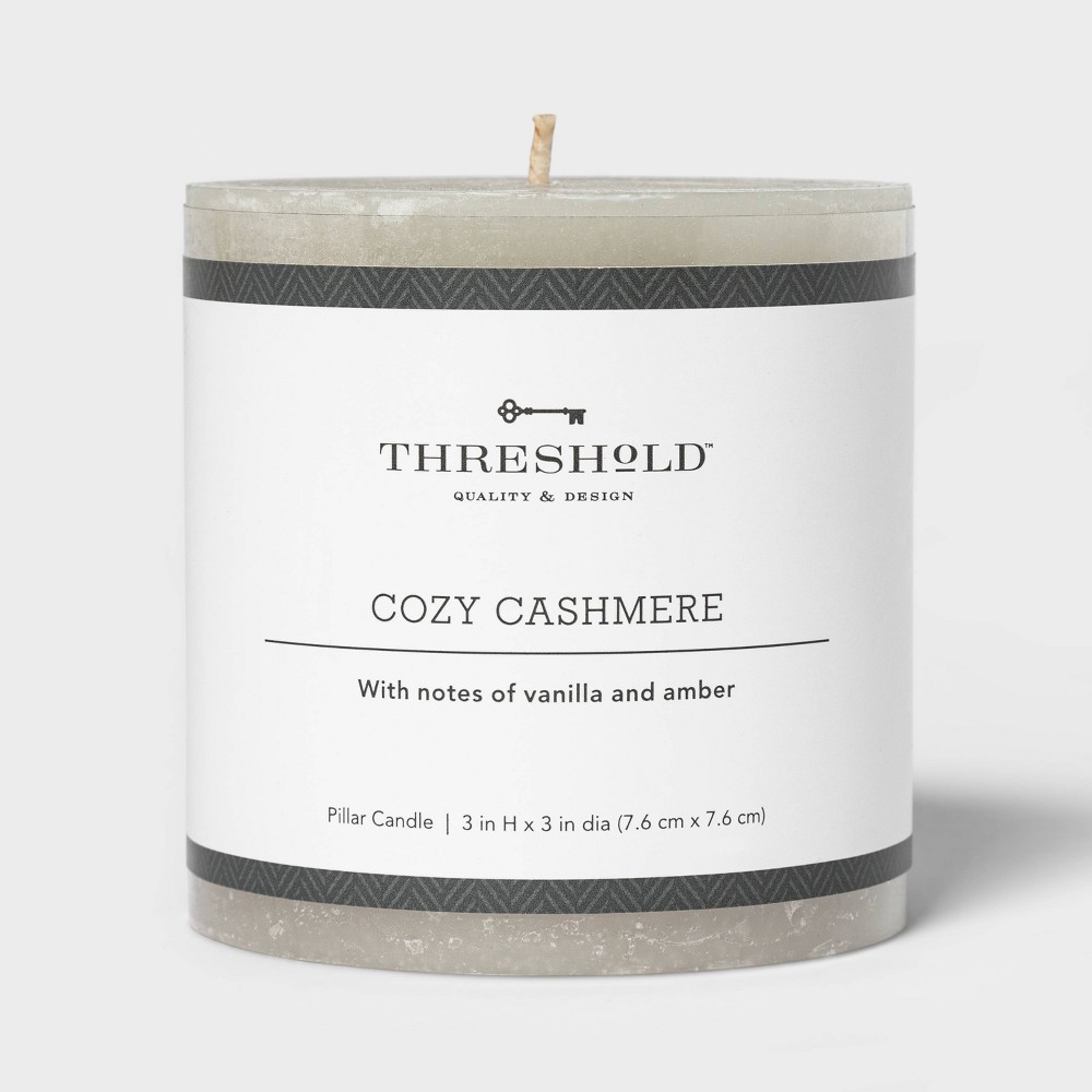 3" x 3" Pillar Cozy Cashmere Candle Gray - Threshold™: Scented, Smoke-less, 35h Burn Time