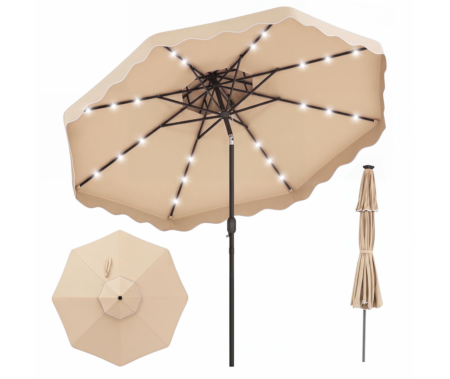 Costway 10 FT Solar LED Patio Umbrella, Push-Button Tilt & Crank, 24 LED Lights & 8 Ribs Beige/Brown/Gray/Turquoise/Red