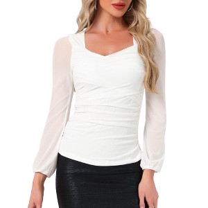 Allegra K Women's Long Sleeve Slim Fit Dressy Casual Wrap Ruched Mesh Blouse - 1 of 4