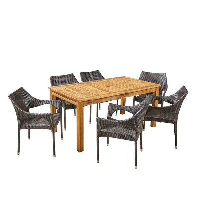 Damon 7pc Wood & Wicker Expandable Dining Set - Natural/Brown - Christopher Knight Home