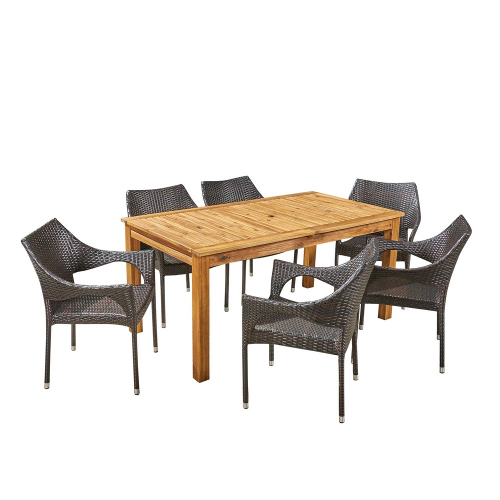 Damon 7pc Wood & Wicker Expandable Dining Set - Natural/Brown - Christopher Knight Home -  81411220