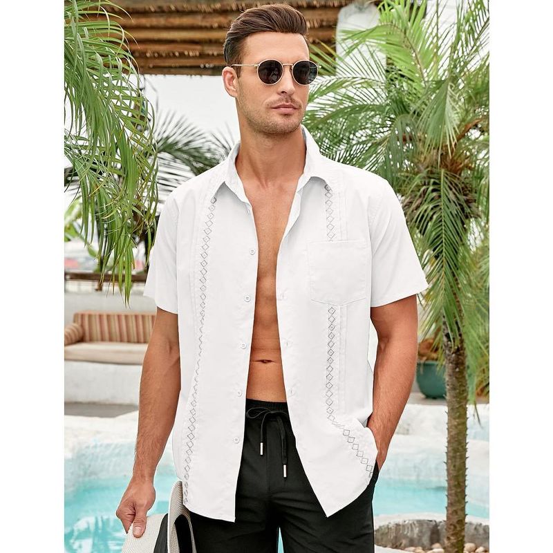 Men's Cotton Linen Shirt Short Sleeve Cuban Guayabera Casual Summer Beach Button Down Shirts with Pocket, 2 of 7