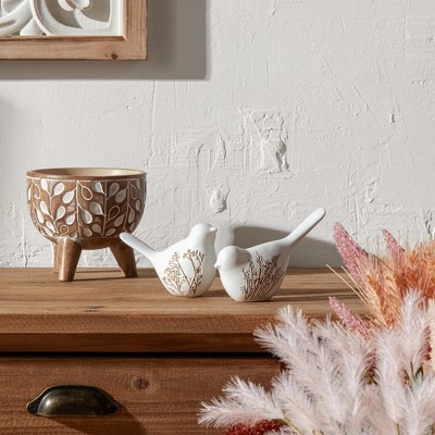 Set of 4 White Floral Etched Resin Bird Figurines