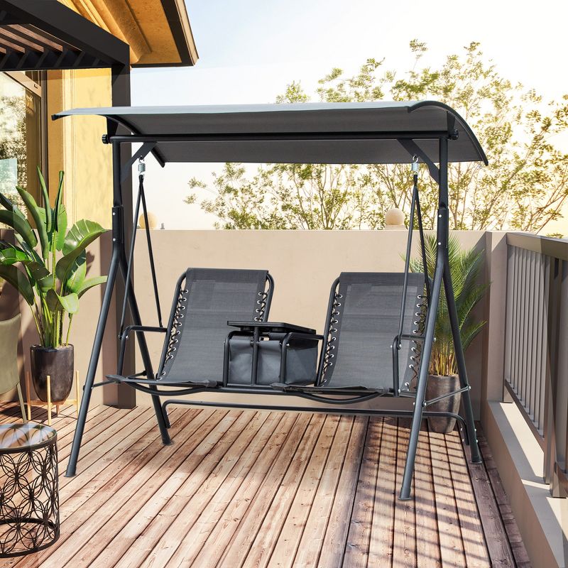 Outsunny 2 Person Covered Porch Swing with Pivot Storage Table, Cup Holder, & Adjustable Overhead Canopy, 3 of 9