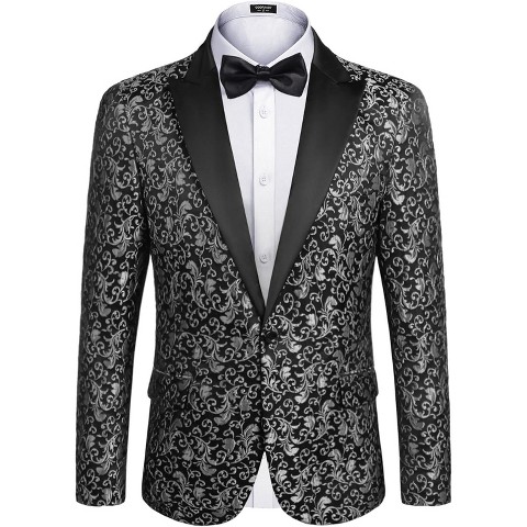 COOFANDY Mens Floral Tuxedo One Button Luxury Shiny Blazer Dinner Party Prom Wedding Suit Jacket Grey XL